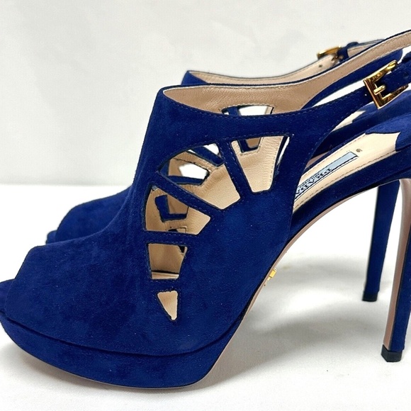 PRADA Camoscio Blue Suede Cutout Slingback Heels Shoes NEW 39/9 - Picture 3 of 11